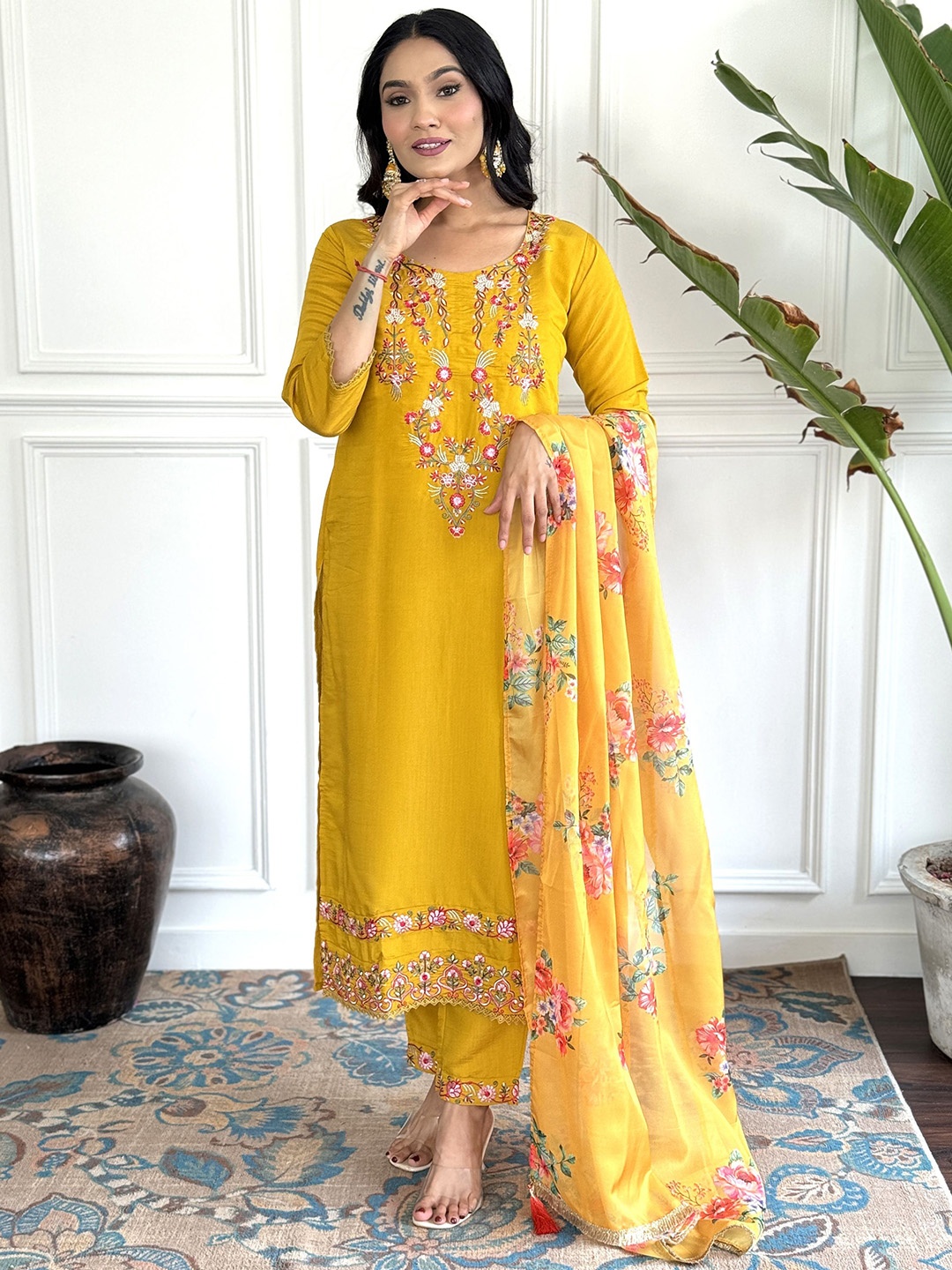 

Kurti Culture Women Floral Embroidered Regular Kurta with Trousers & With Dupatta, Mustard