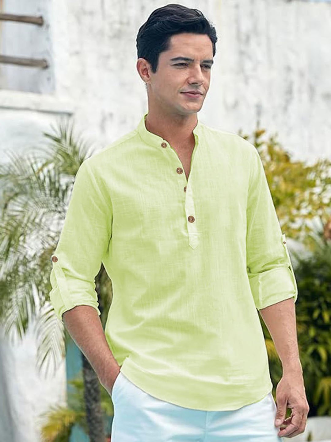 

Vida Loca Band Collar Cotton Straight Slim Fit Short Kurta, Sea green