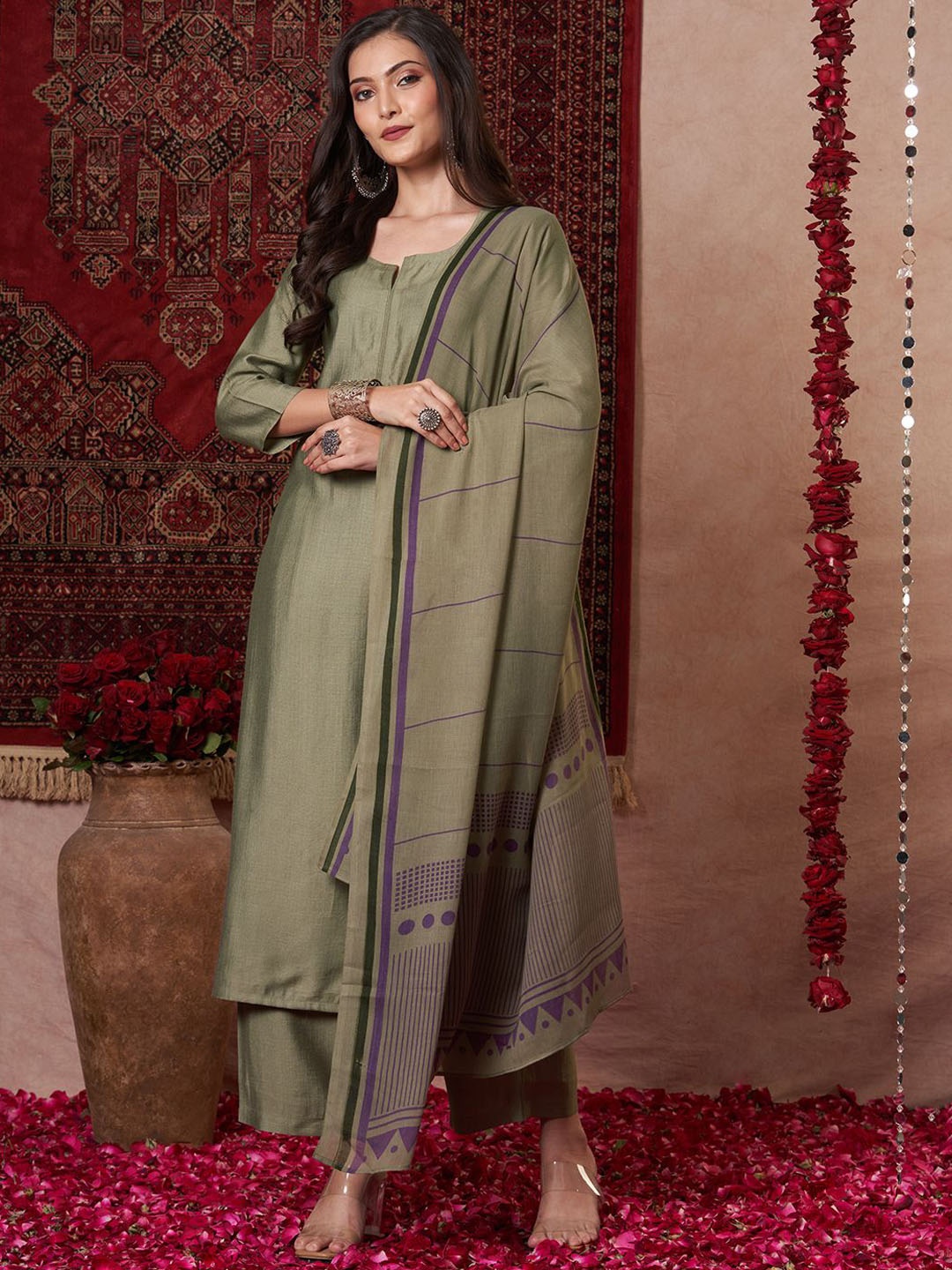 

Anni Designer Notch Neck Straight Kurta with Trousers & Dupatta, Green