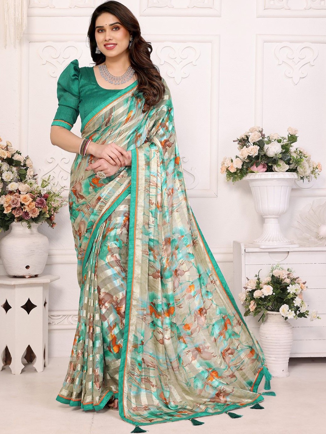 

KALINI Abstract Printed Satin Saree With Lace Border and Blouse Material, Green