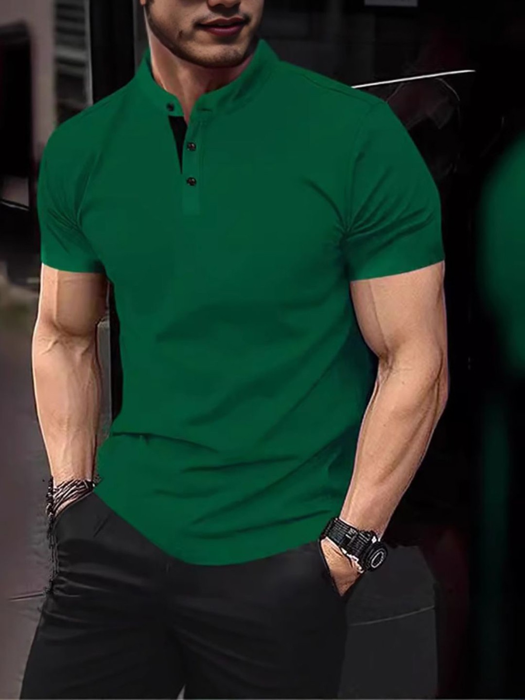 

StyleCast x Revolte Men Polo Collar Raw Edge T-shirt, Green