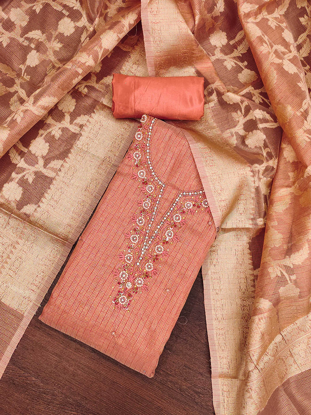

KALINI Embellished Organza Unstitched Dress Material, Peach
