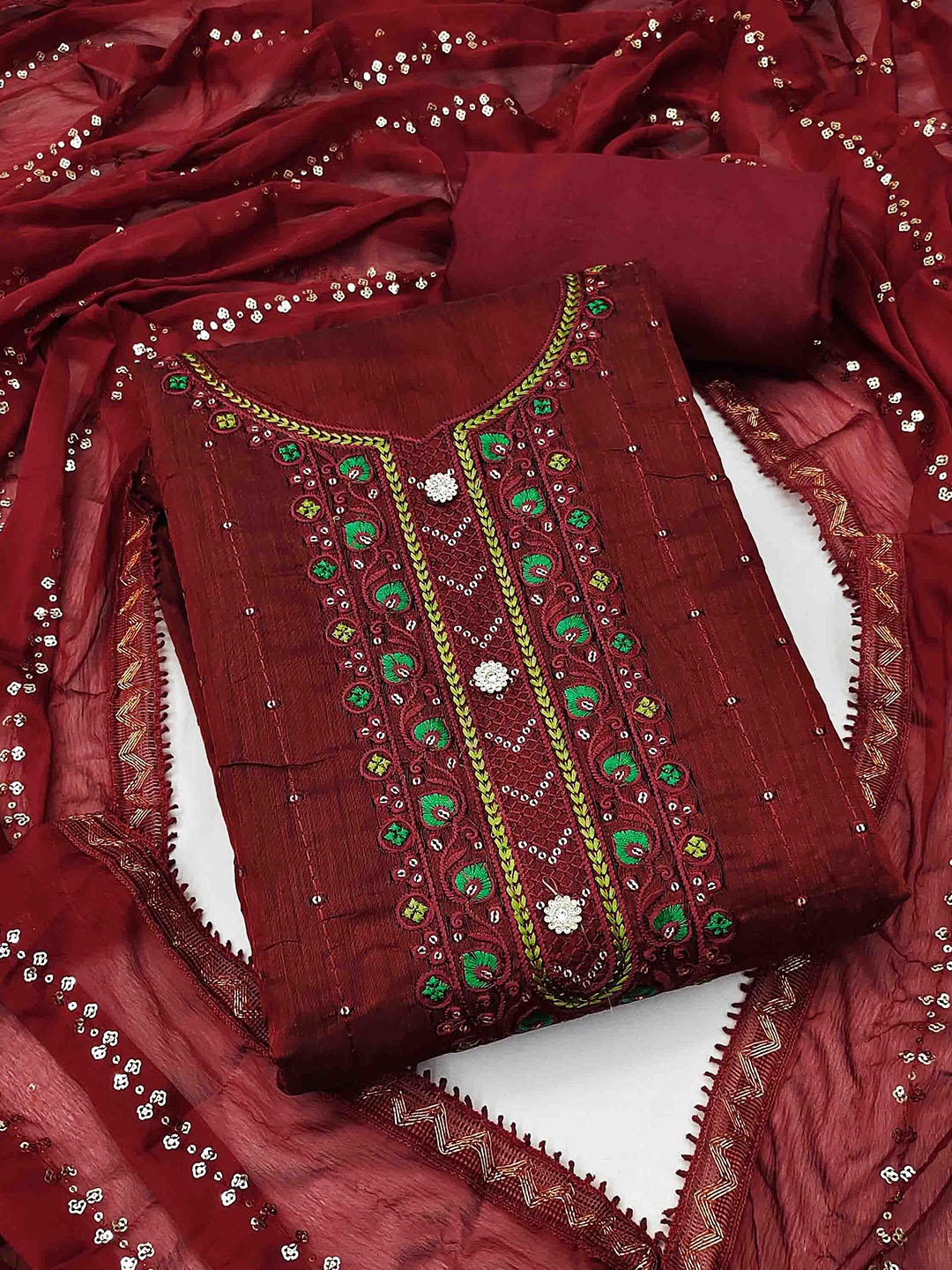 

KALINI Embroidered Unstitched Dress Material, Maroon