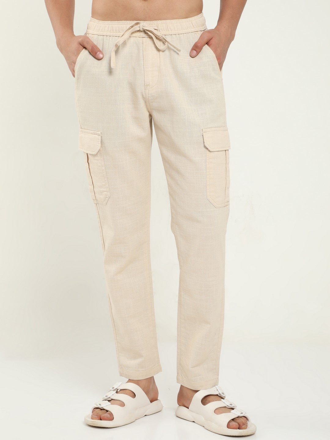 

NEVER NEUD Men Relaxed Cargos Trousers, Beige