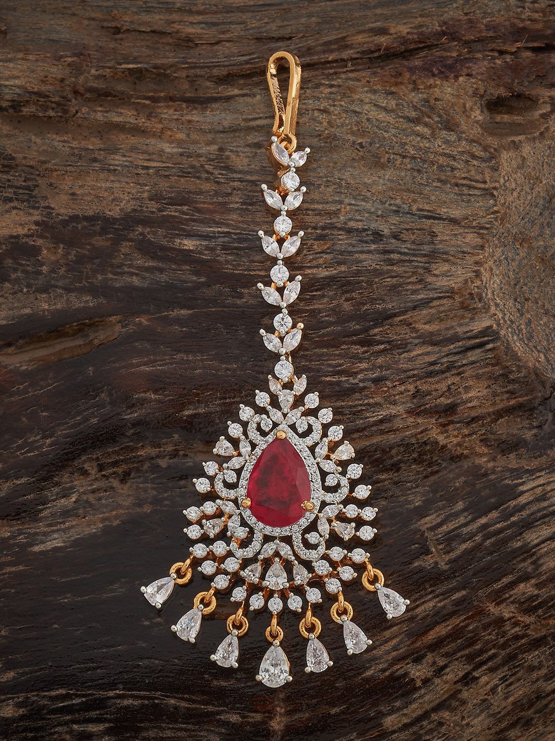 

Kushal's Fashion Jewellery Ruby Rhodium Gold-Plated Cubic Zircon Maang Tikka