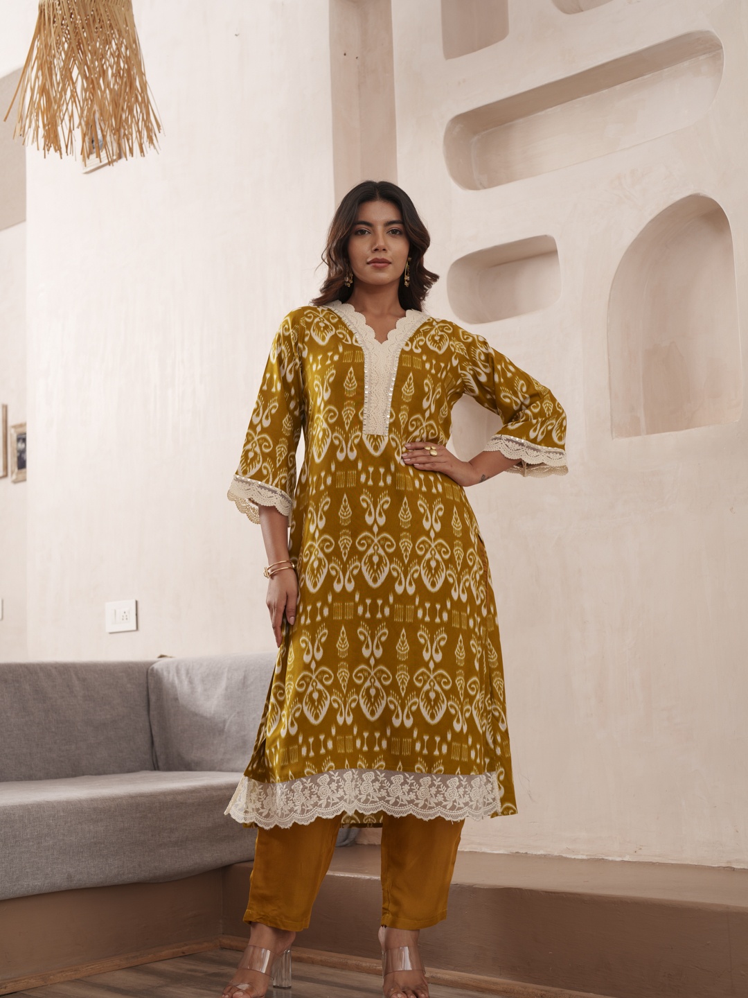 

Sangria Yellow Ethnic Motif Printed V-Neck Straight Kurta With Trousers