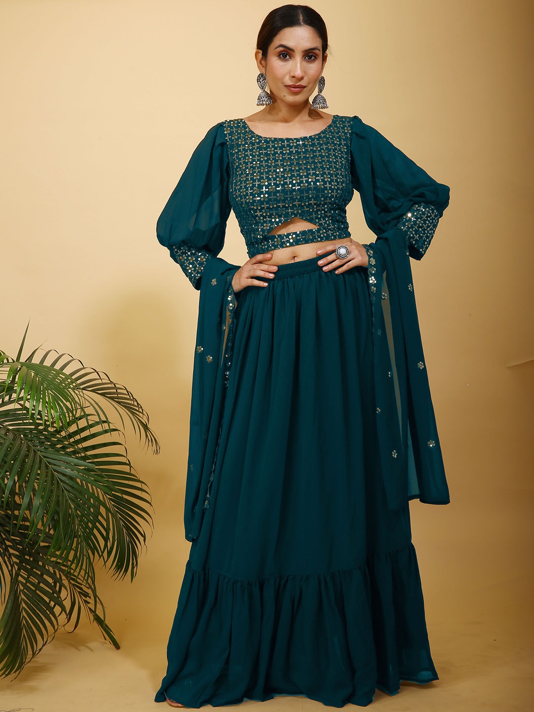 

SANCIA Floral Embroidered Georgette Top With Skirt & Dupatta, Teal
