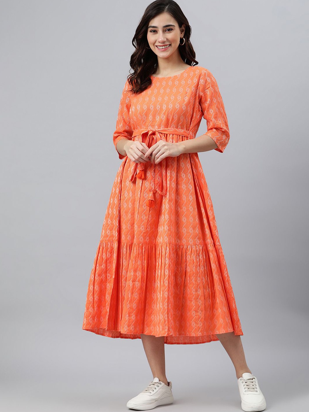 

Janasya Women's Orange Pure Cotton Woven Design Tiered Dress