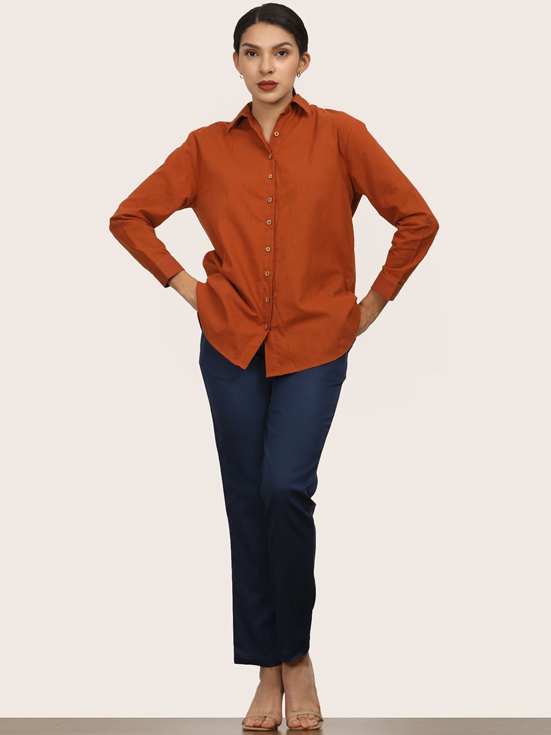

Saltpetre Women Full Sleeve Button Down Shirt With Tapered Pants Co-Ord Set, Brown