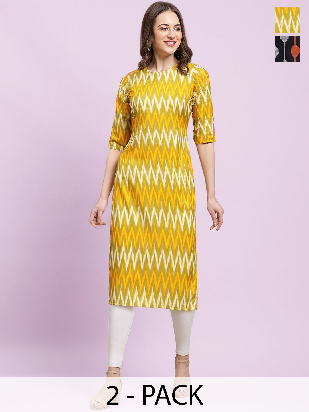 

Moda Rapido Yellow & White Selection of 2 Ethnic Motifs Printed Straight Kurtas