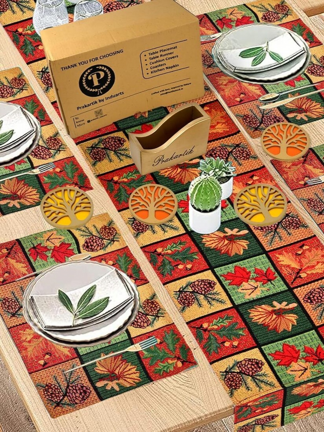 

PRAKARTIK Green & Red 9 Pieces Floral Printed Table Placemats & Coasters