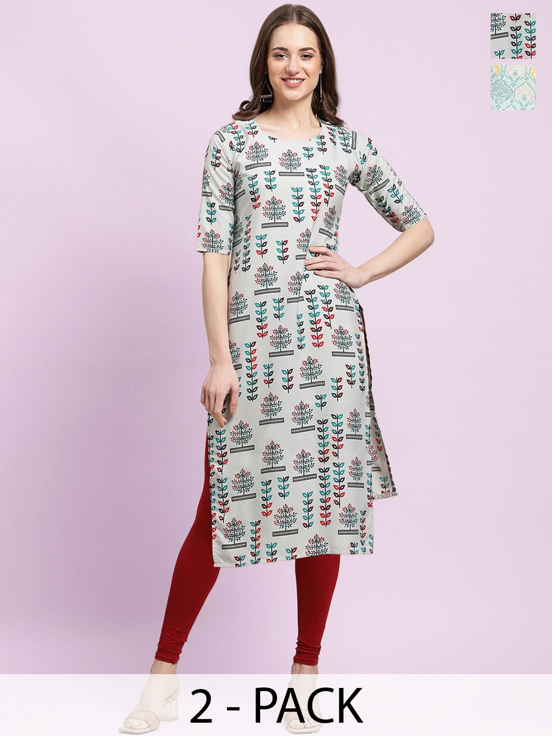 

Moda Rapido Grey & Green Selection Of 2 Ethnic Motifs Printed Straight Kurtas