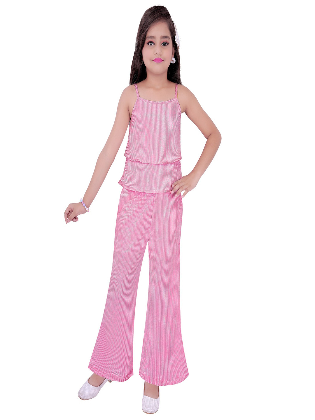 

ZACKBEE Girls Striped Shoulder Strap Top With Trouser, Pink