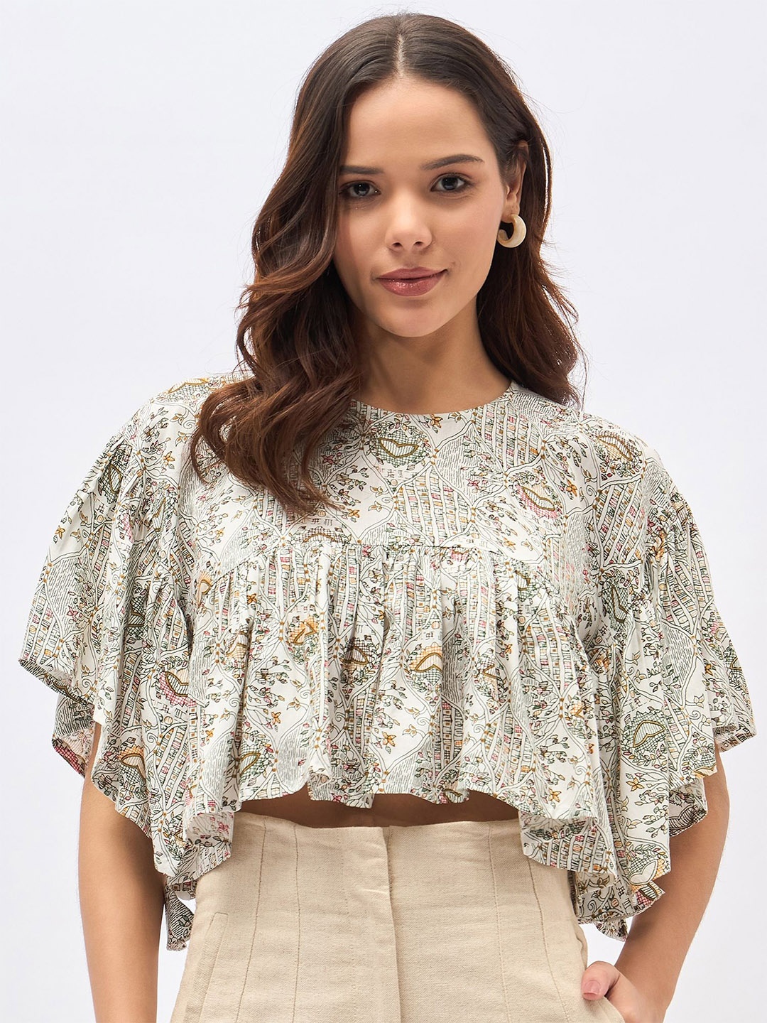 

DressBerry Floral Print Flutter Sleeve Kaftan Crop Top, White