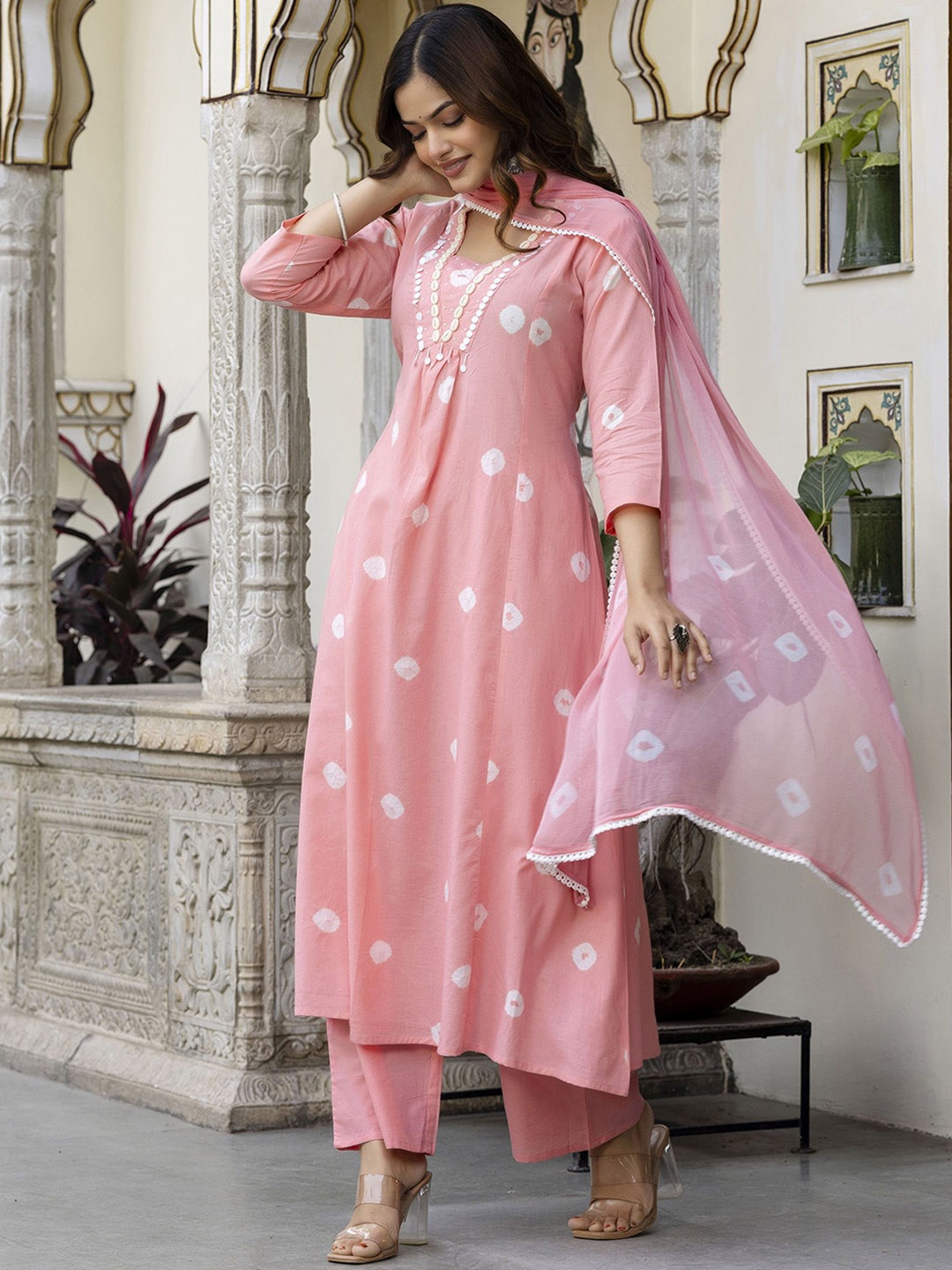 

Anouk Women Floral Printed Empire Beads and Stones Pure Cotton Kurta with Palazzos & With Dupatta, Pink