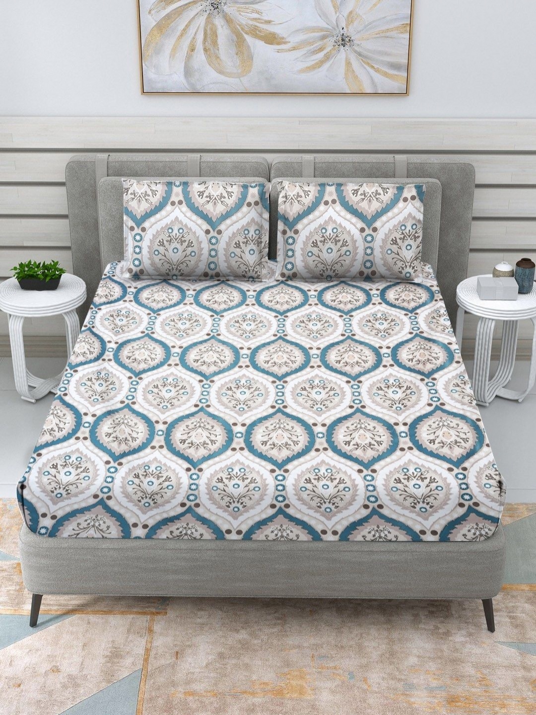 

RRC White & Blue Floral Printed Microfiber Cotton 144 TC Queen Bedsheet Set 2.2 m x 2.54 m