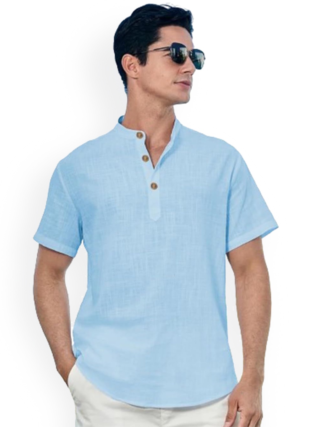 

Vida Loca Half Sleeves Band Collar Cotton Straight Slim Fit Short Kurta, Blue