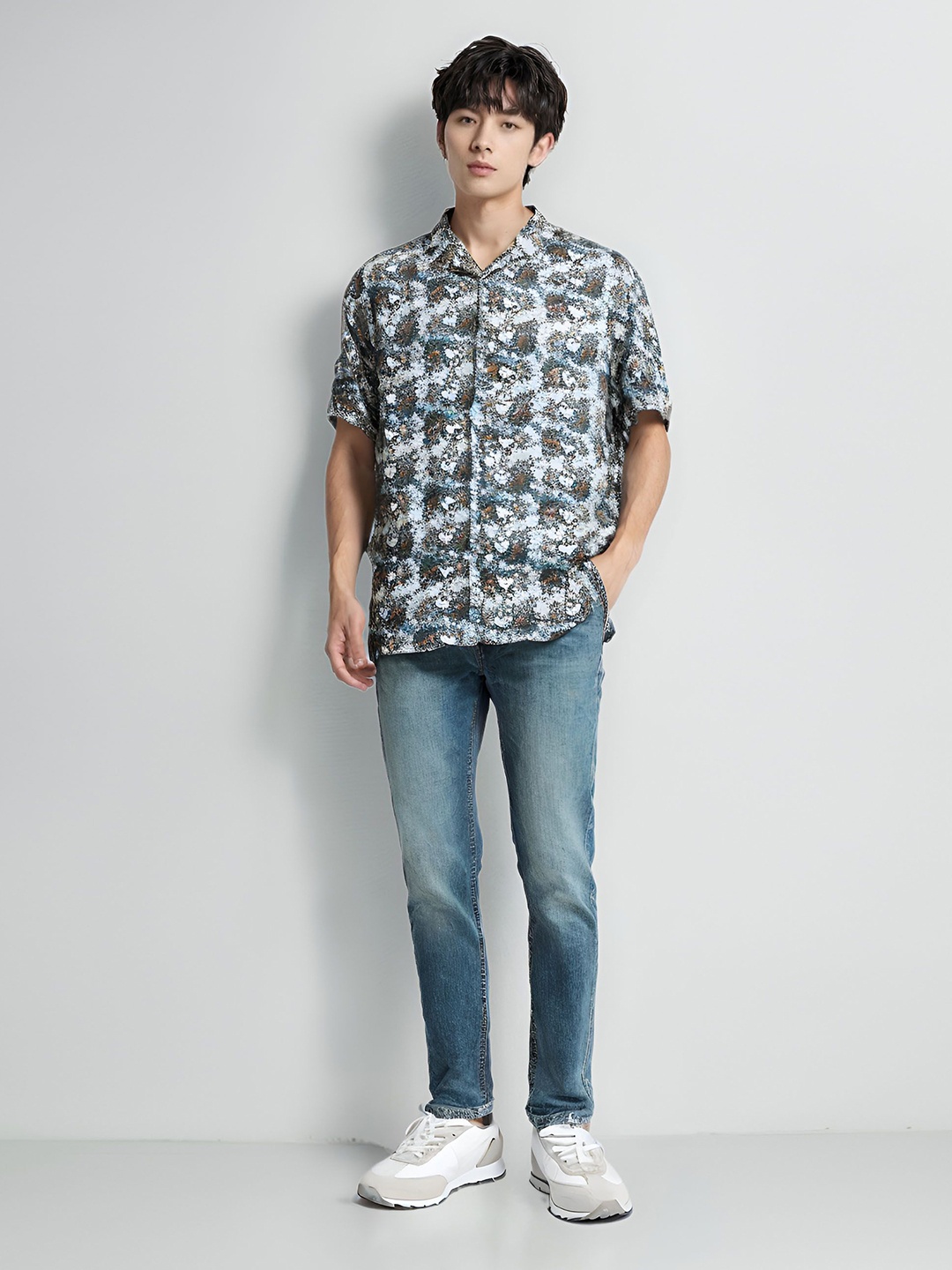 

Lewogle Men Cuban Collar Ethnic Motifs Printed Cotton Casual Shirt, Grey