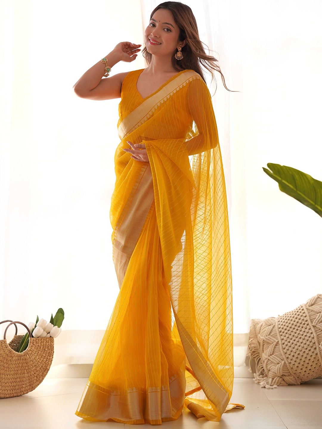 

J.KANJI Striped Zari Organza Khadi Saree, Yellow