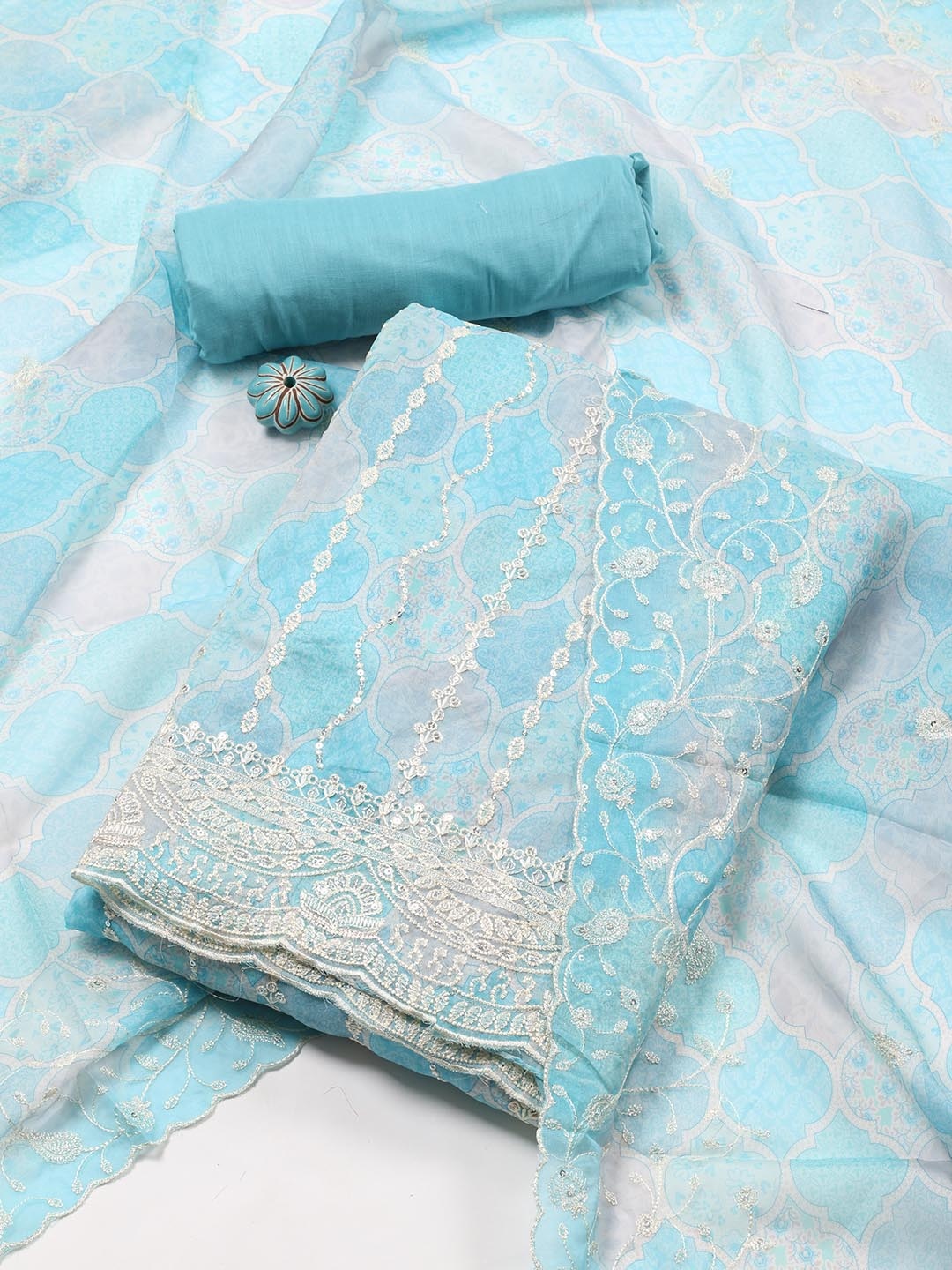 

Meena Bazaar Embroidered Organza Unstitched Dress Material, Blue