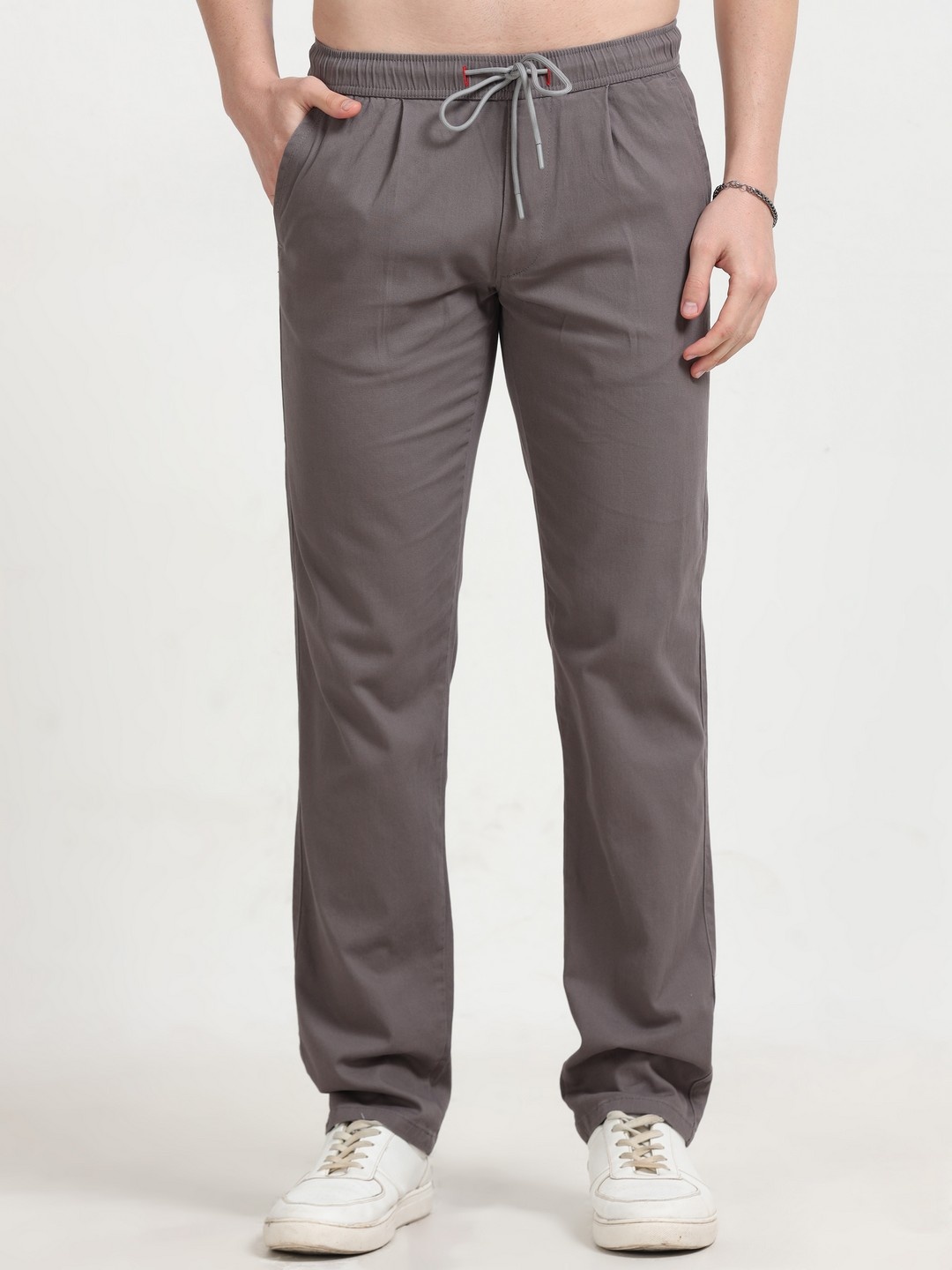 

NEVER NEUD Men Relaxed Straight Fit Lazy Linen Pleated Trousers, Grey