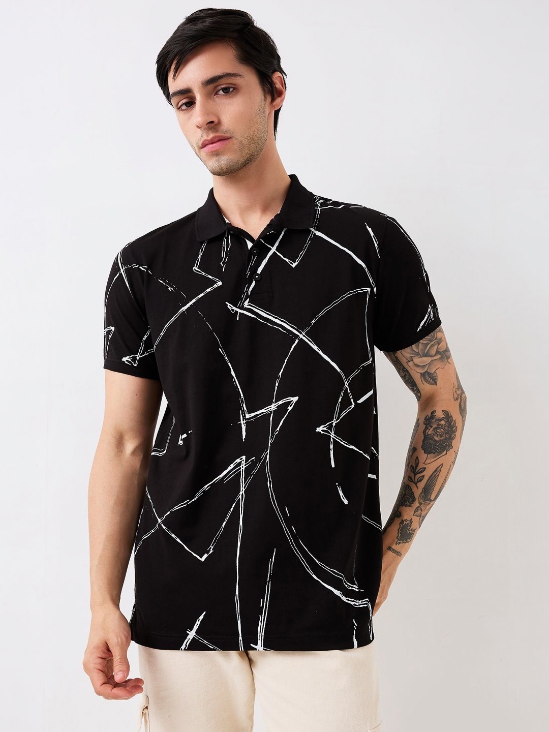 

SPYKAR Men Abstract Printed Polo Collar Cotton Slim Fit T-shirt, Black