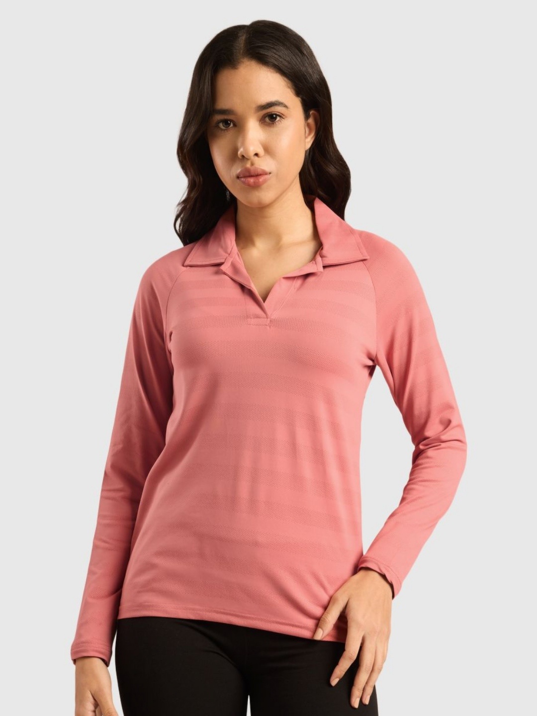 

Musclemind Women Self Design Polo CollarT-shirt, Pink