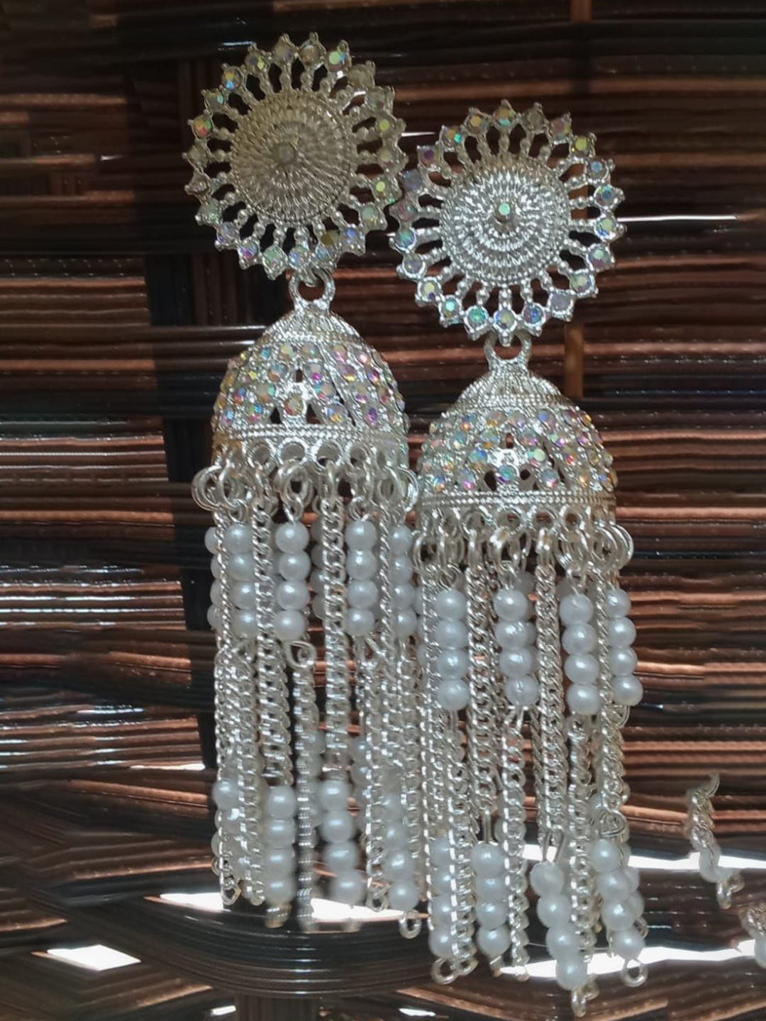 

JMBW INTERNATIONAL Silver-Plated Dome Shaped Artificial Beaded Jhumkas