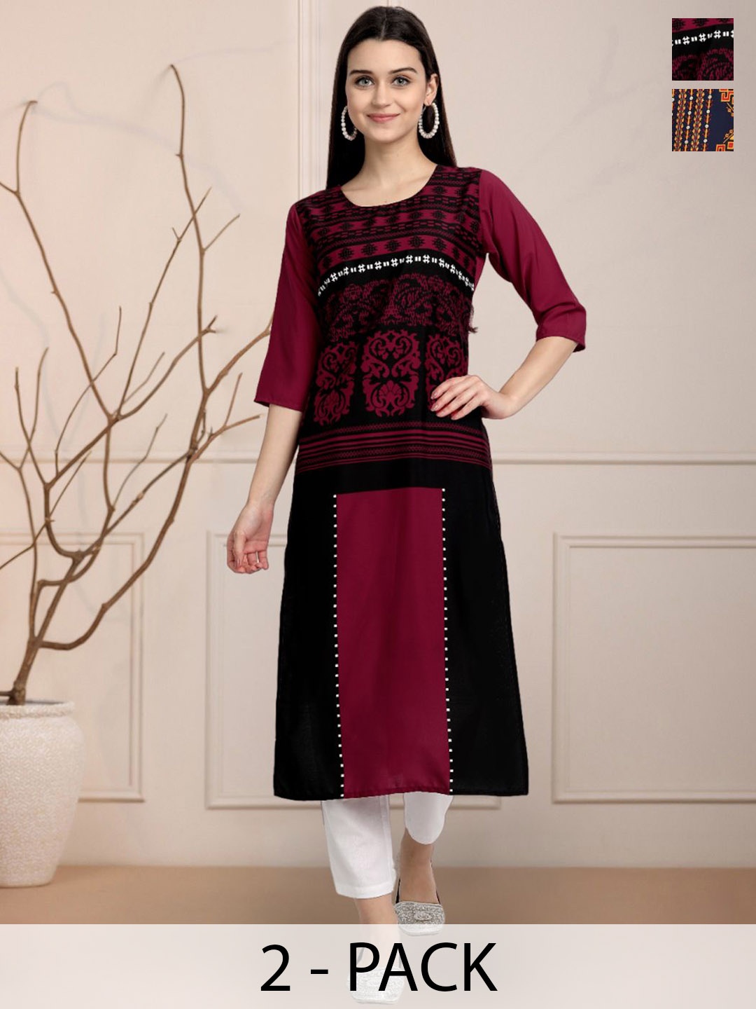 

Moda Rapido Black & Navy Blue Selection Of 2 Ethnic Motifs Printed Straight Kurtas