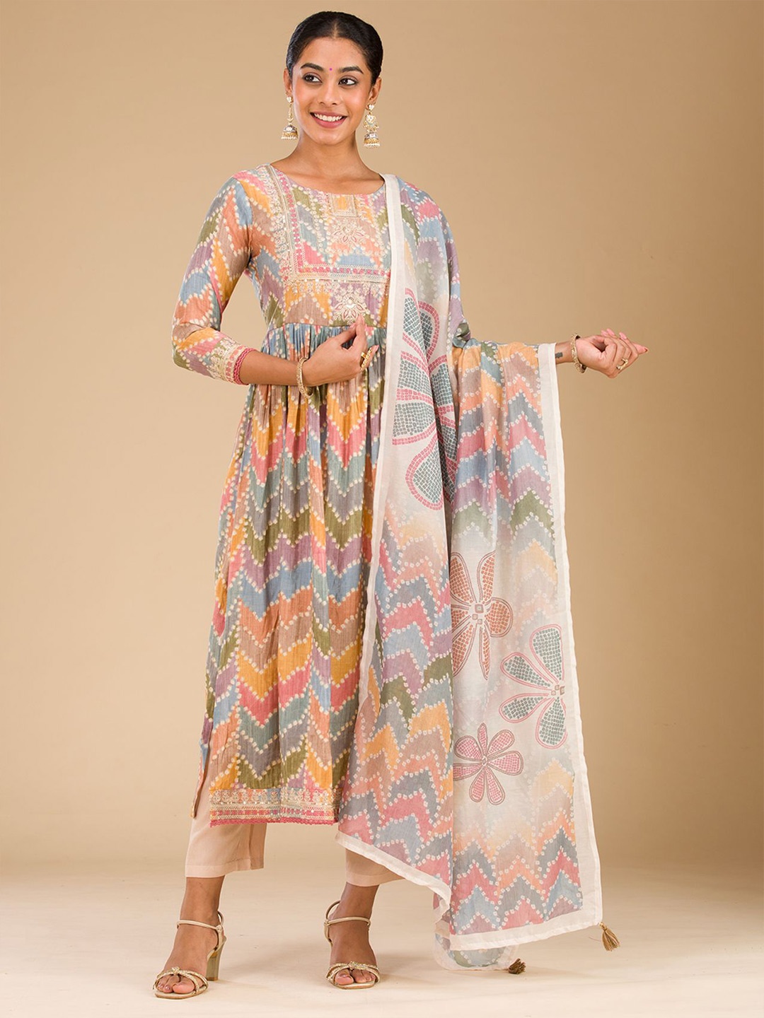 

Koskii Chevron Printed Sequinned A-Line Kurta with Trousers & Dupatta, Pink