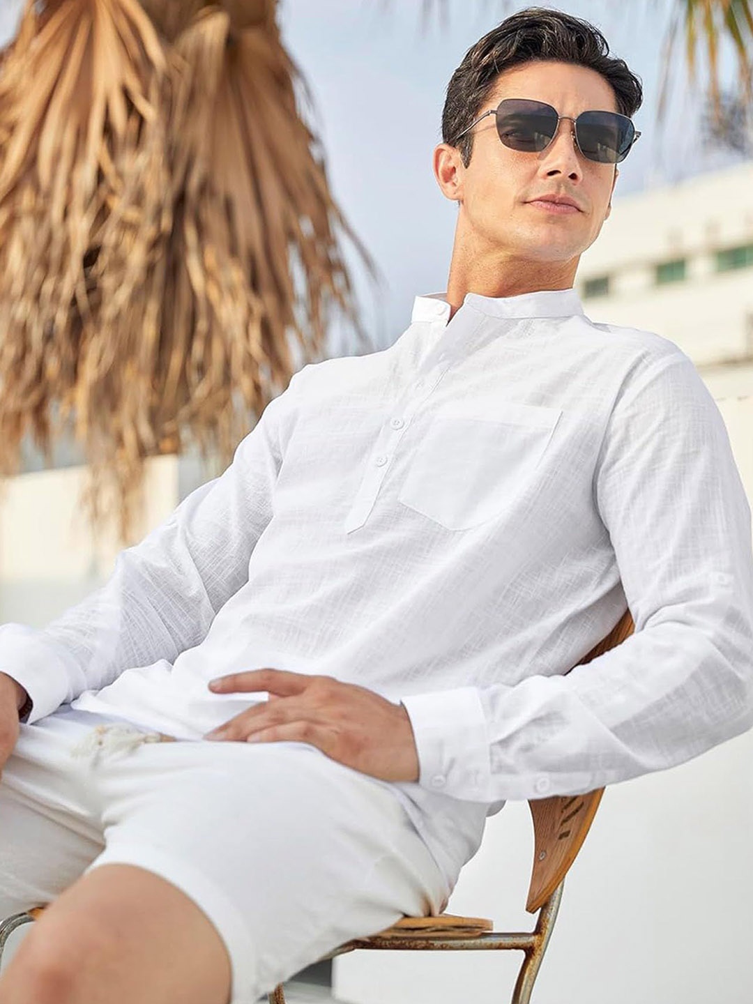 

Vida Loca Band Collar Cotton Straight Kurta, White