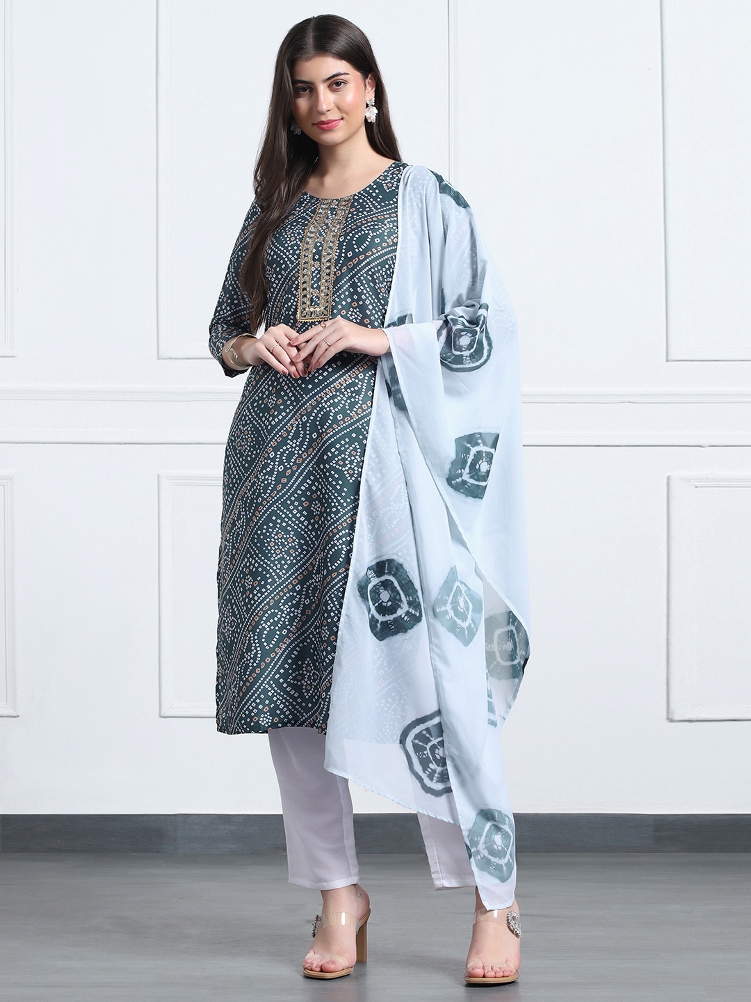 

Moda Rapido Bandhani Printed Straight Kurta With Trousers And Dupatta, Grey