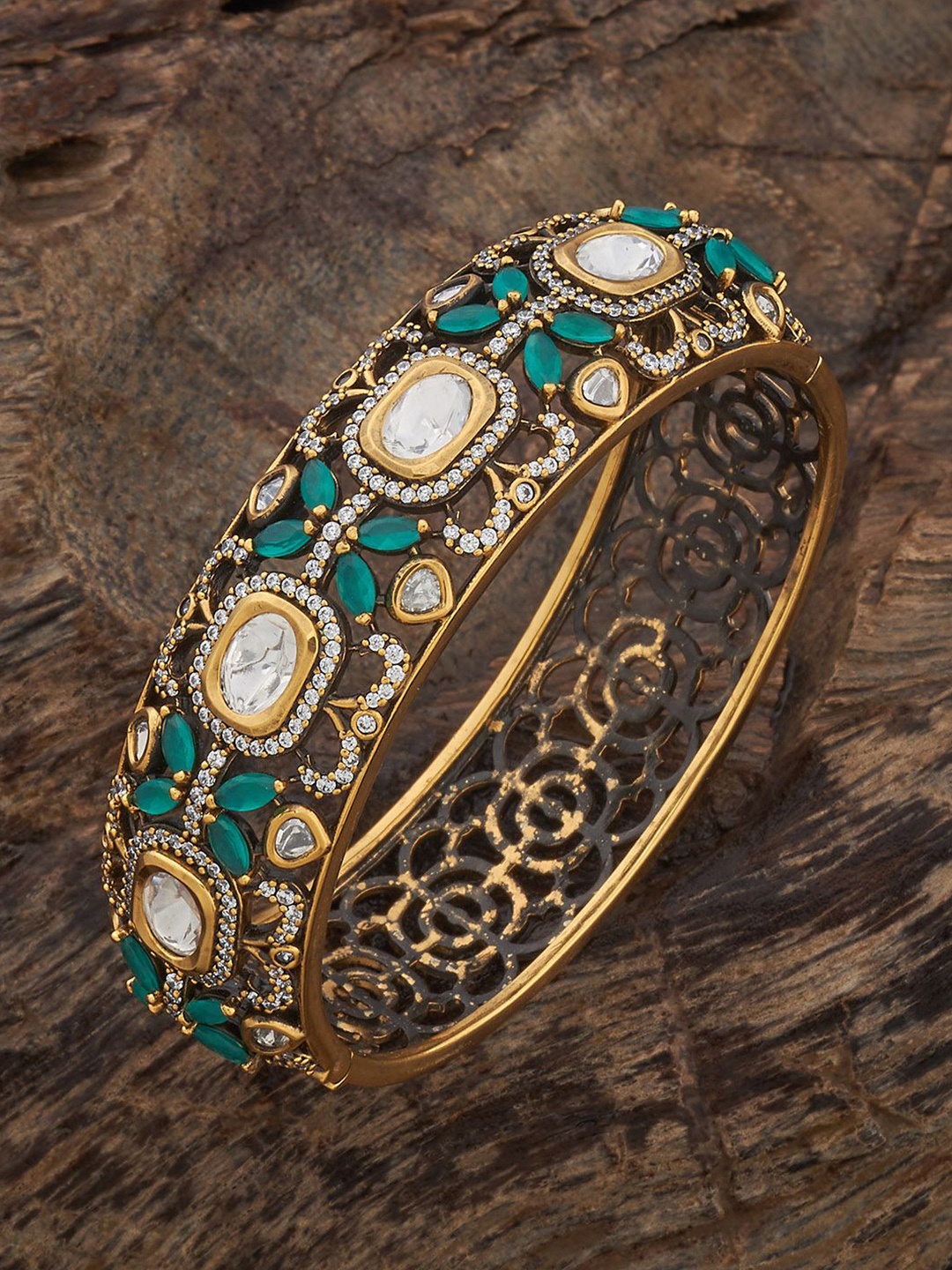 

Kushal's Fashion Jewellery Women Green Victorian-Plated Kundan Kada Bangle, Gold