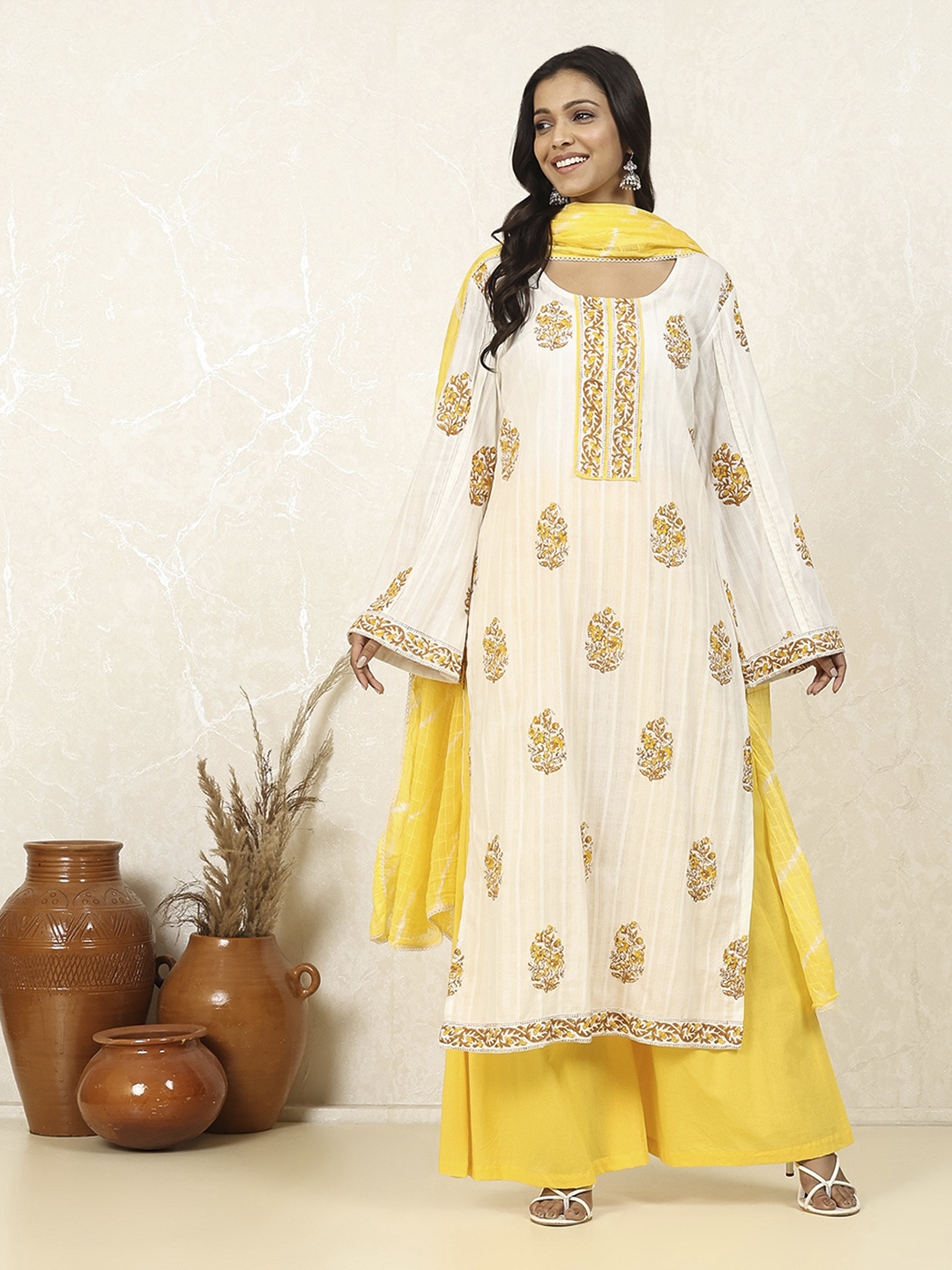 

Biba Ethnic Motifs Printed Pure Cotton Unstitched Dress Material, Yellow