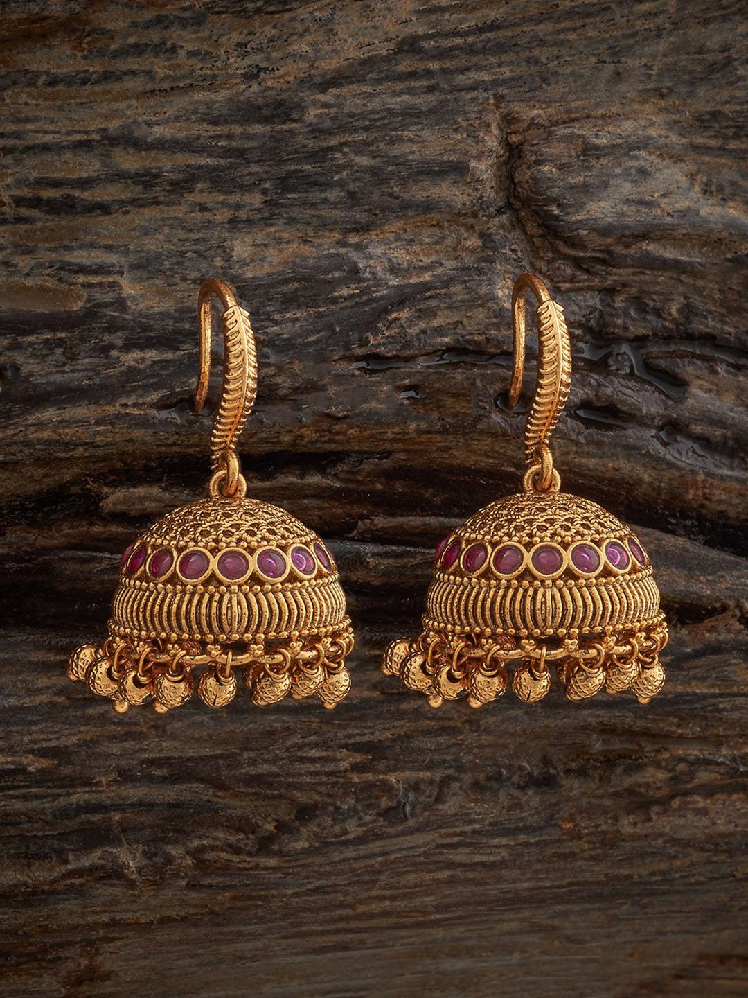 

Kushal's Fashion Jewellery Ruby Gold-Plated Dome Shaped Antique Jhumkas Earrings