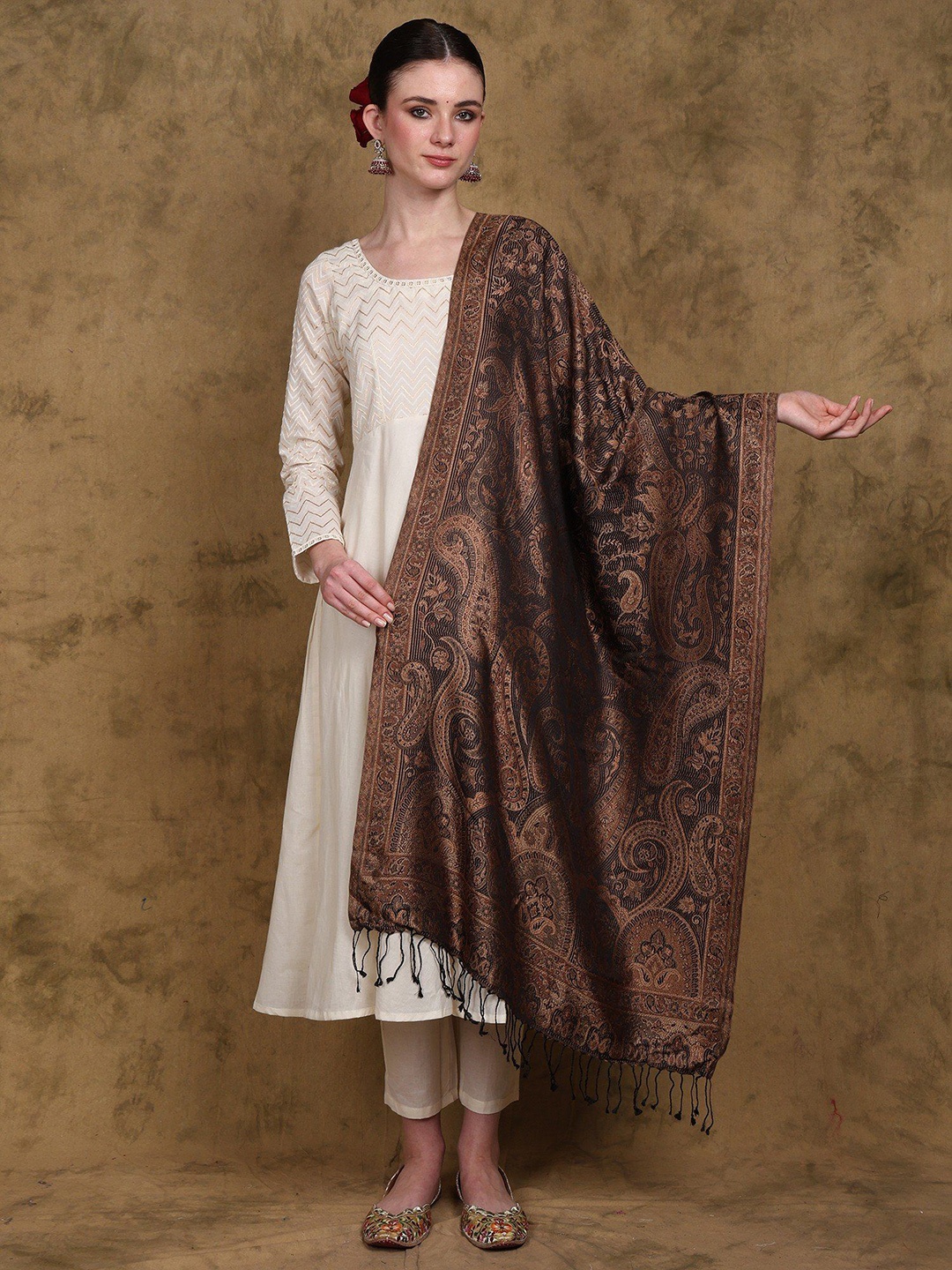 

Exotic India Women Woven Design Stole, Brown