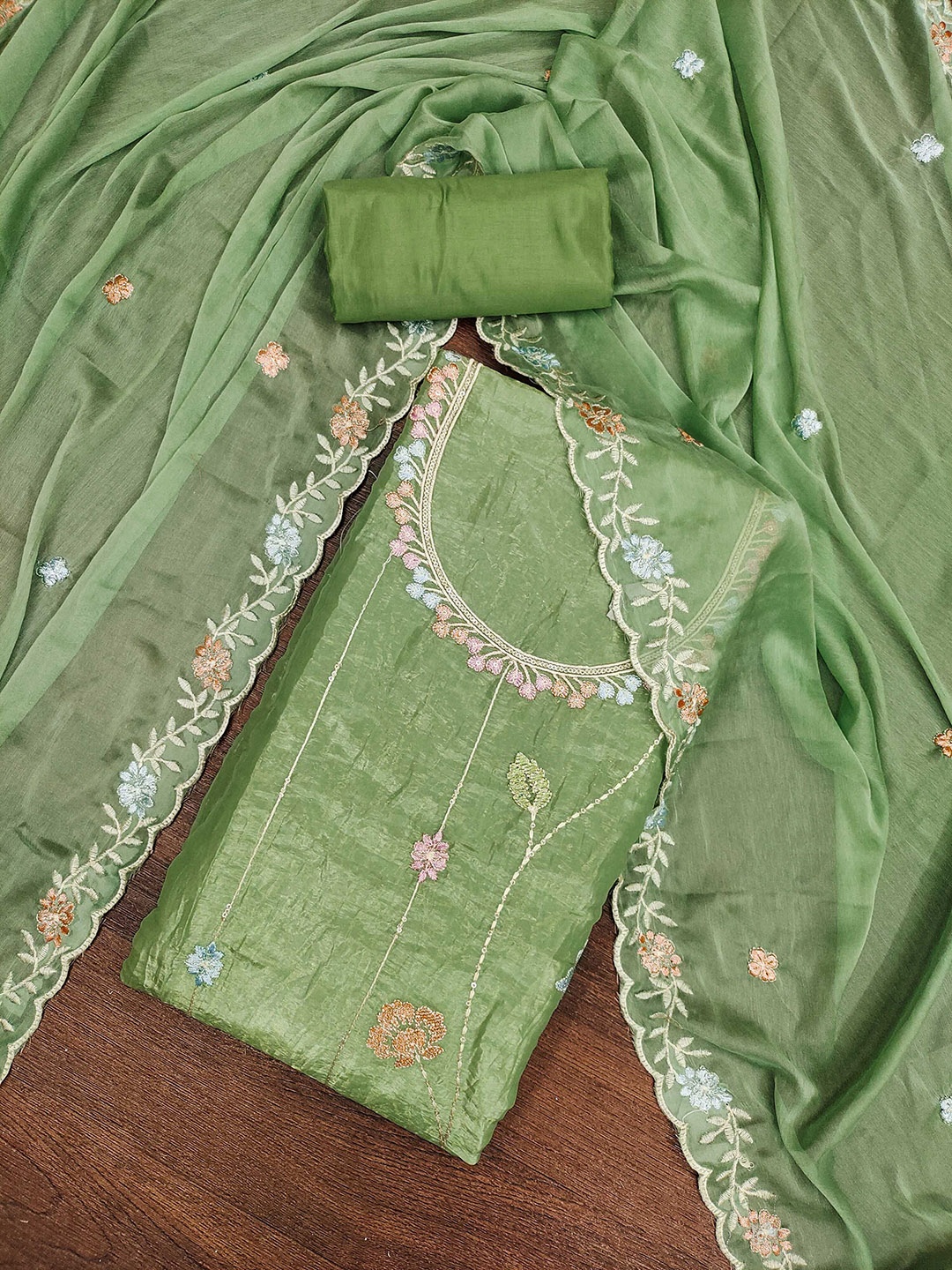 

KALINI Embroidered Pure Silk Unstitched Dress Material, Sea green