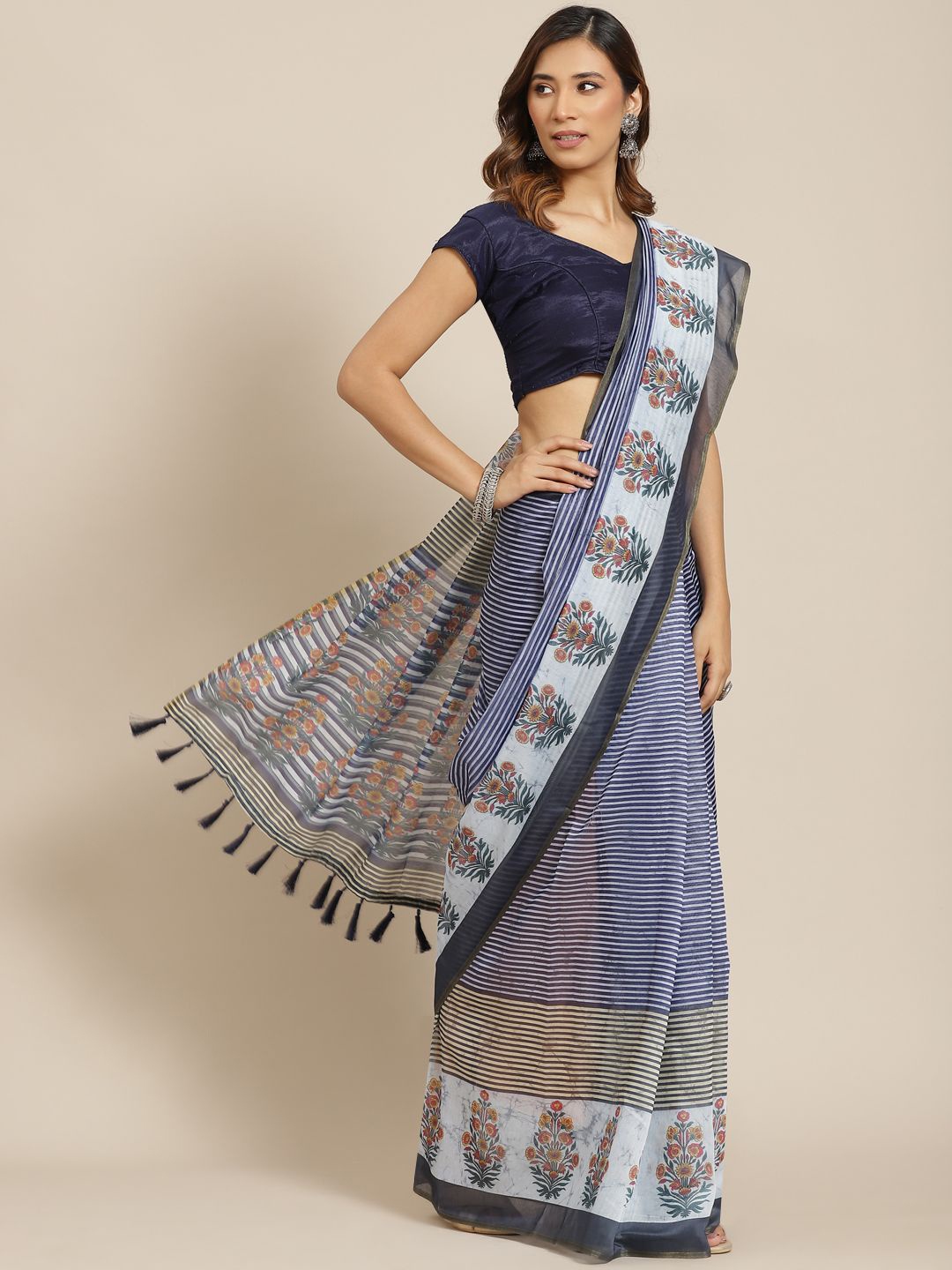 

DIVASTRI Striped Chanderi Saree, Blue