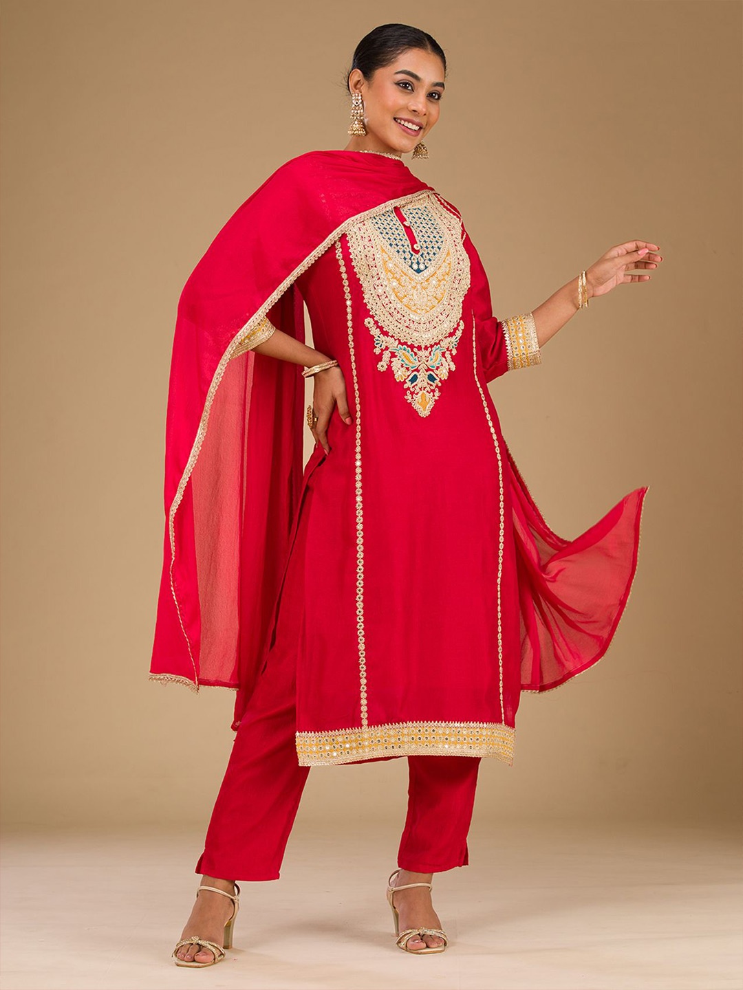 

Koskii Women Floral Embroidered Regular Thread Work Straight Kurta With Trousers & Dupatta, Red