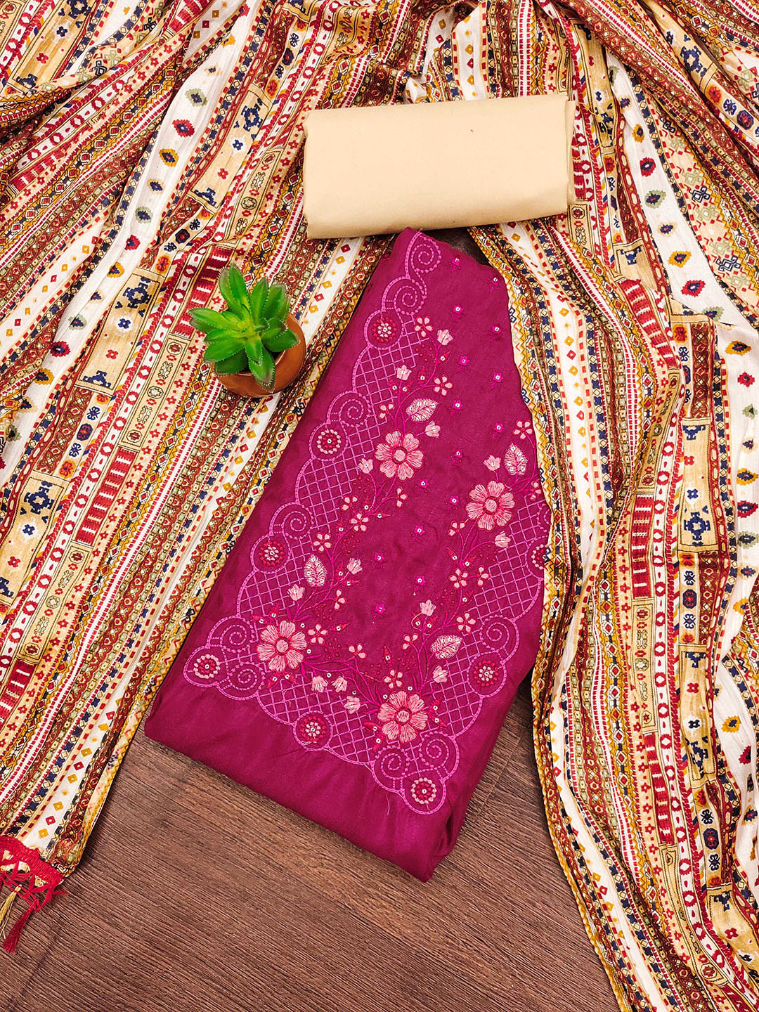 

KALINI Embroidered Pure Cotton Unstitched Dress Material, Pink