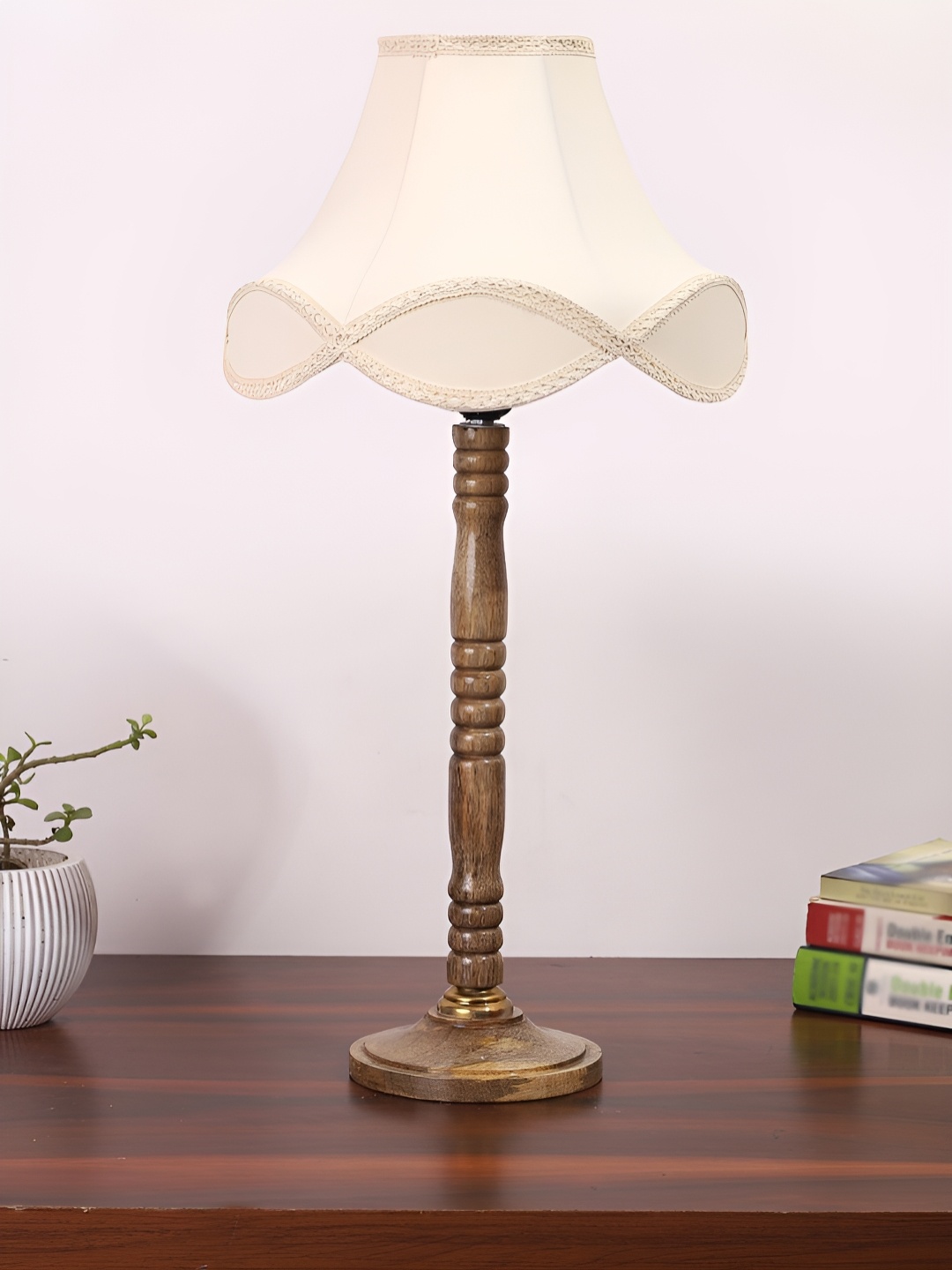 

Devansh Off White and Brown Wooden Frusturical Shaped Table Lamp