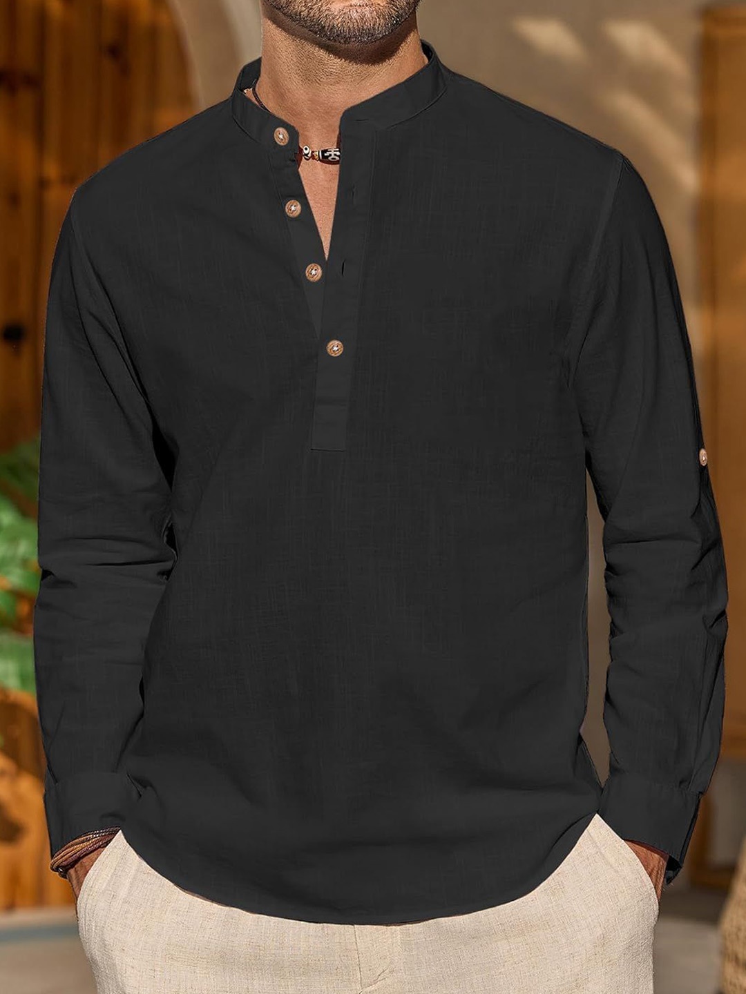 

Vida Loca Cotton Band Collar Slim Fit Short Kurta, Black