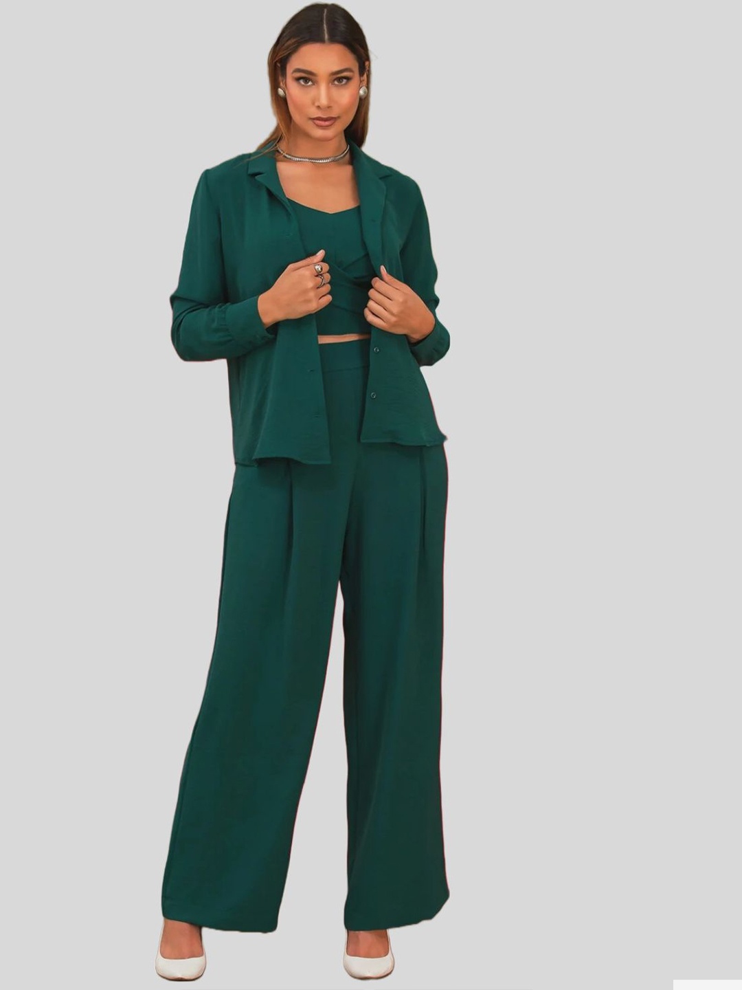 

FNOCKS Shirt Collar Neck Shirt With Crop Top & Palazzos Co-Ords, Green