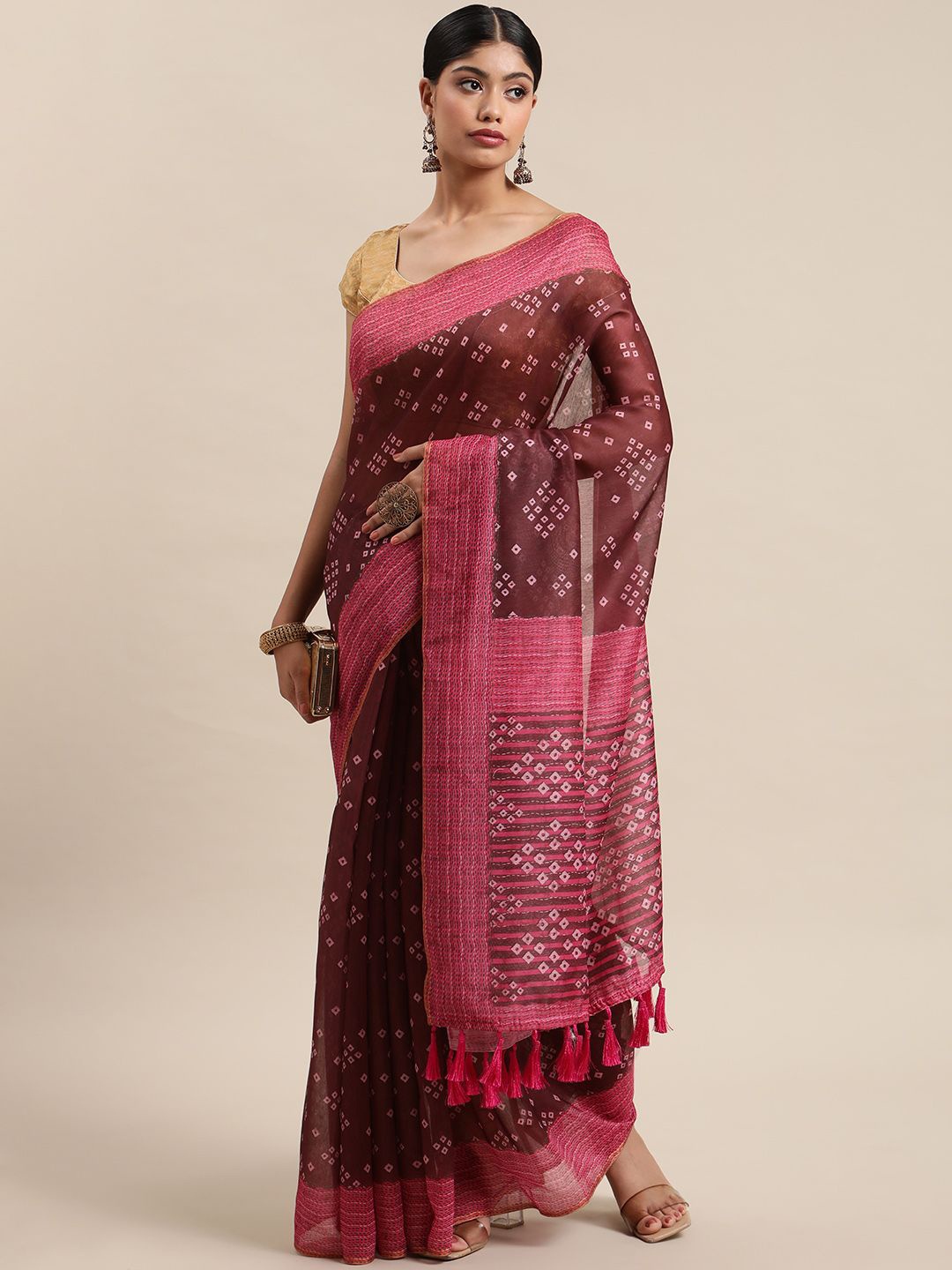 

DIVASTRI Bandhani Chanderi Saree, Brown