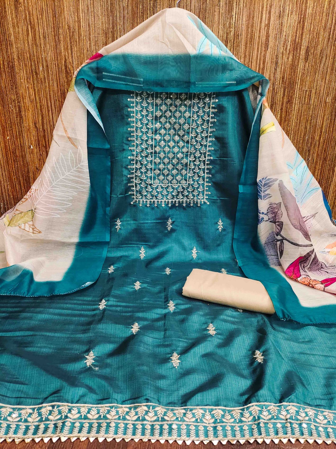 

KALINI Embroidered Unstitched Dress Material, Teal