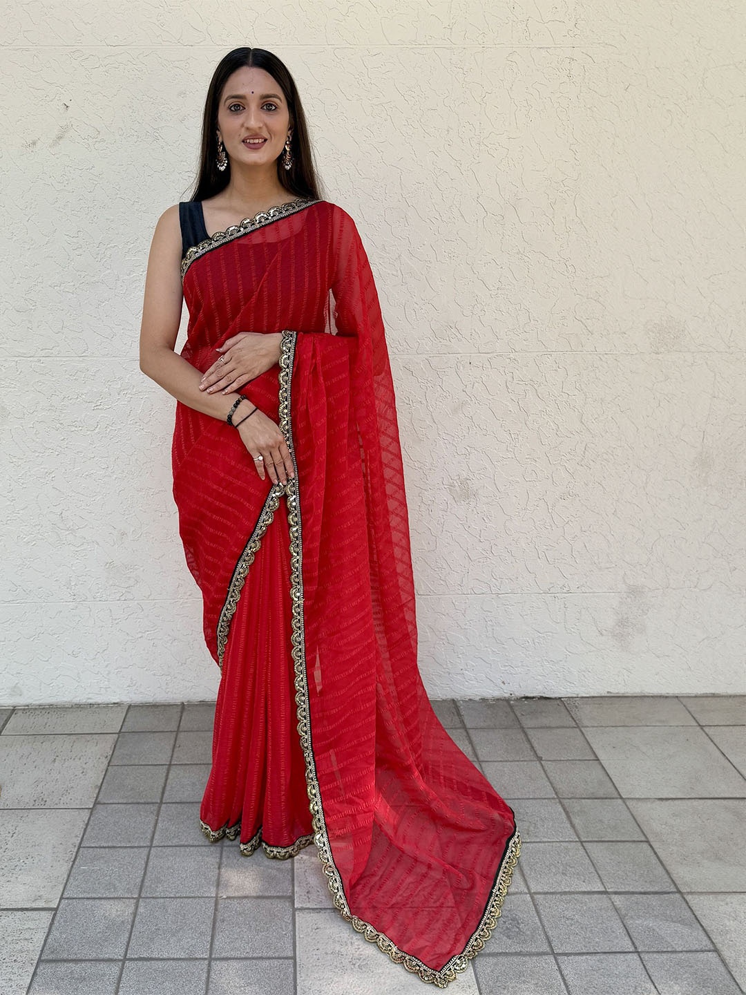

A TO Z CART Striped Sequinned Pure Chiffon Saree, Red