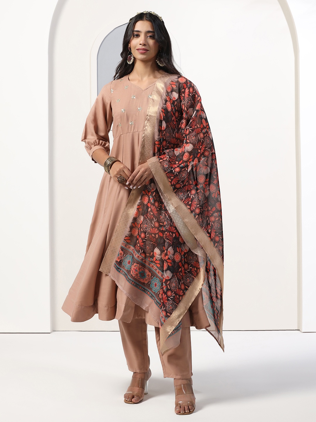 

Moda Rapido Women Embroidered Regular Kurta with Trousers & With Dupatta, Beige