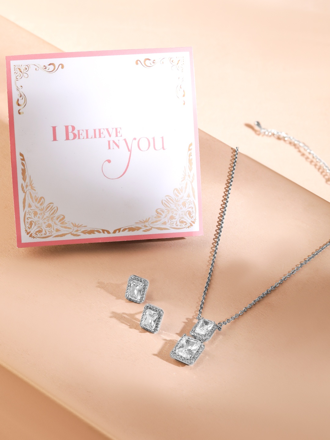 

Rubans Valentine's Rhodium Plated Cubic Zirconia Square Pendant Necklace & Earrings Set, Silver