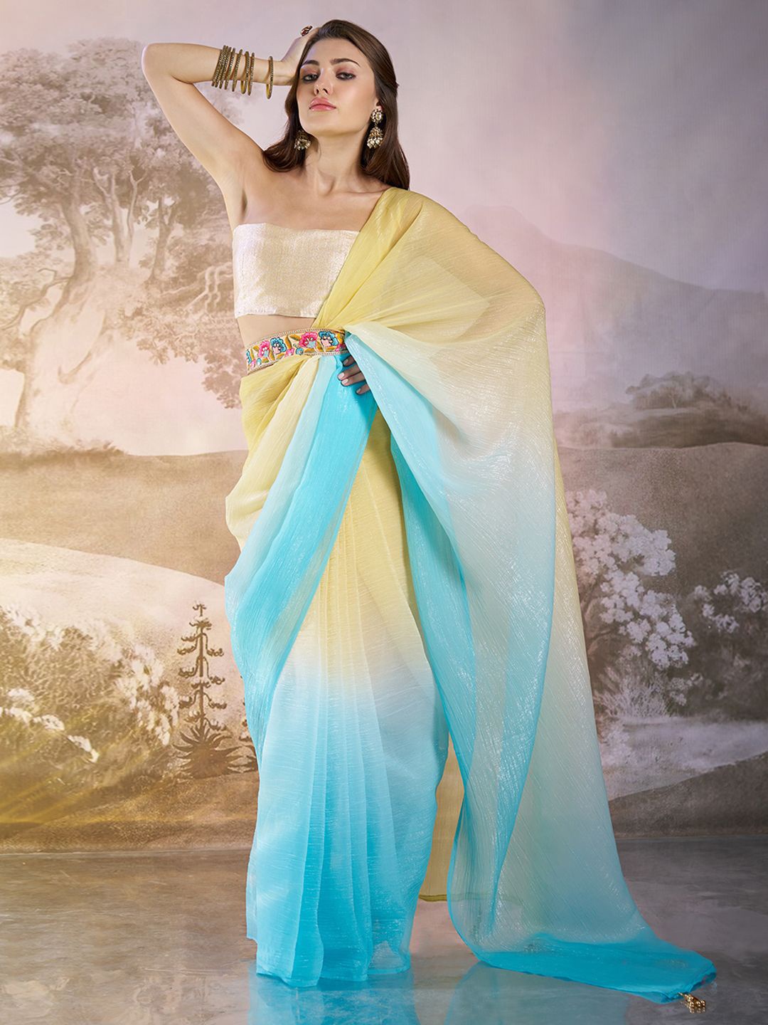 

Kalista Ombre Pure Chiffon Saree, Turquoise blue