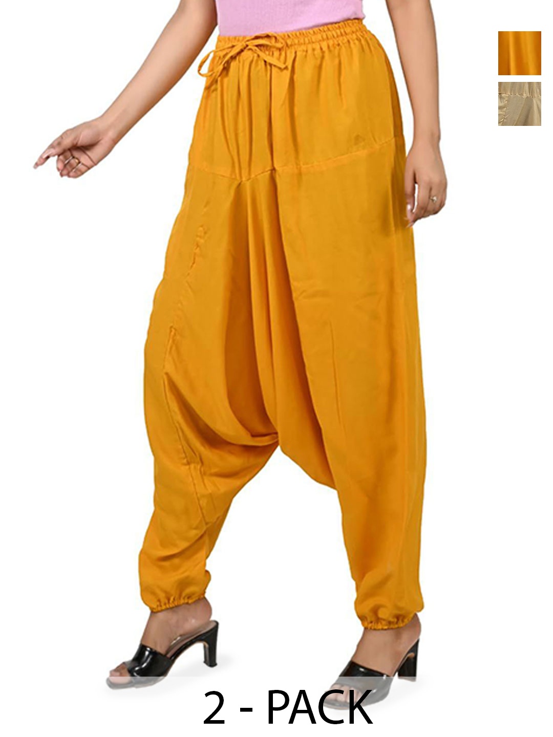 

NarNari Women Pack Of 2 Knitted High Rise Harem Pants, Mustard